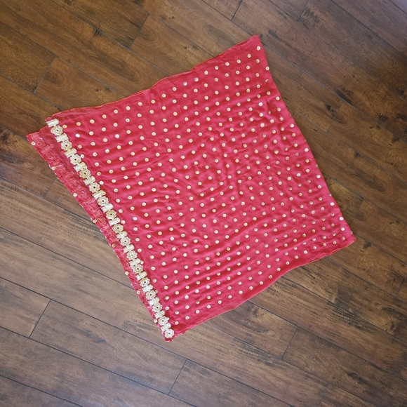 Embroidered Salwar Kameez Dupatta Long Scarf Red Gold Chiffon Party Wear Dress - Picture 15 of 16